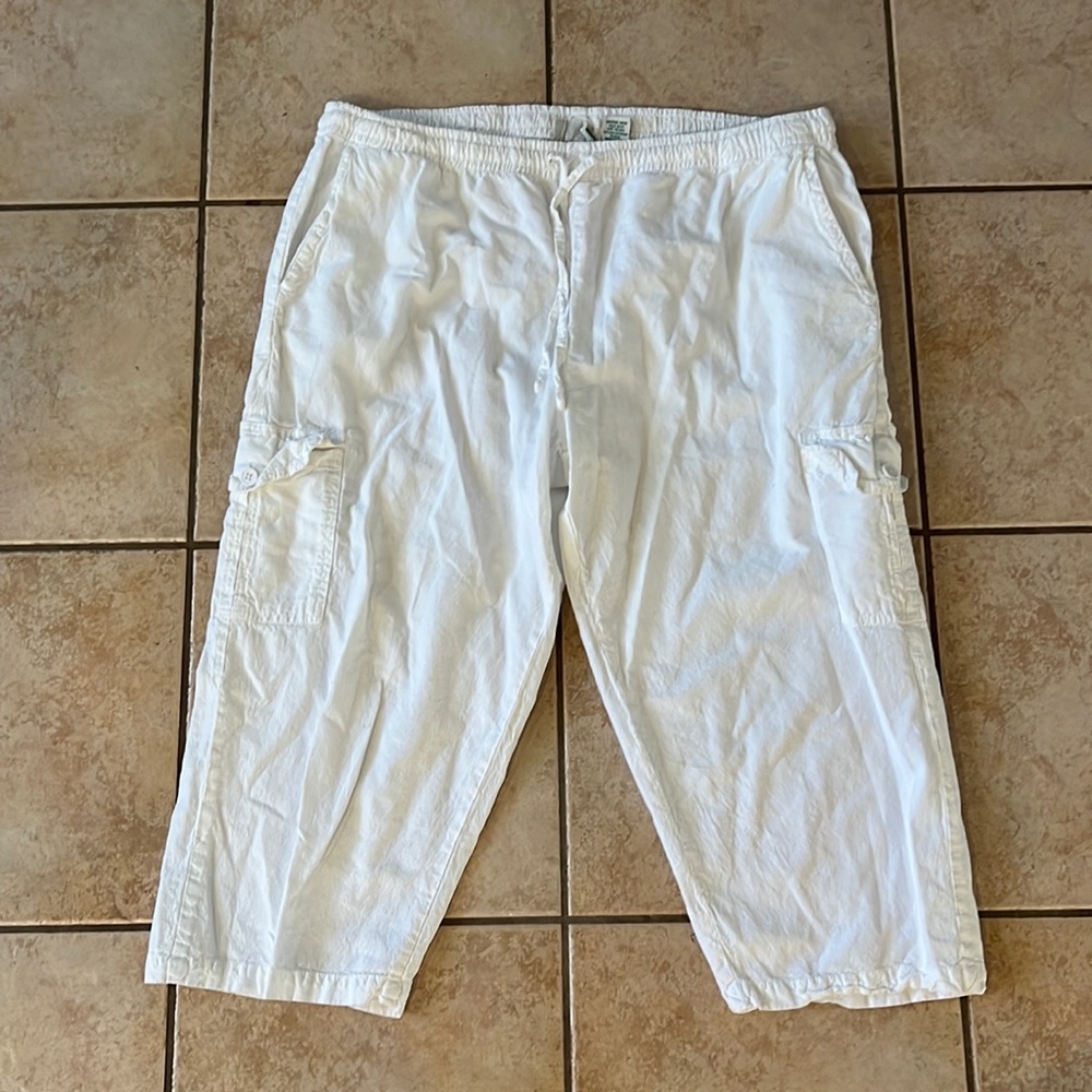 Vtg White 100% Cotton Capri Pants with Elastic Waistband & drawstring,‎ Sz Large